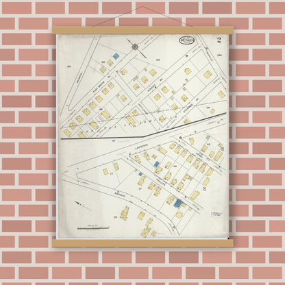 Old map wall art mockup — magnetic wood frame on brick wall — Sanborn Fire Insurance Map from Methuen, Essex County, Massachusetts (1919), Sheet #0002