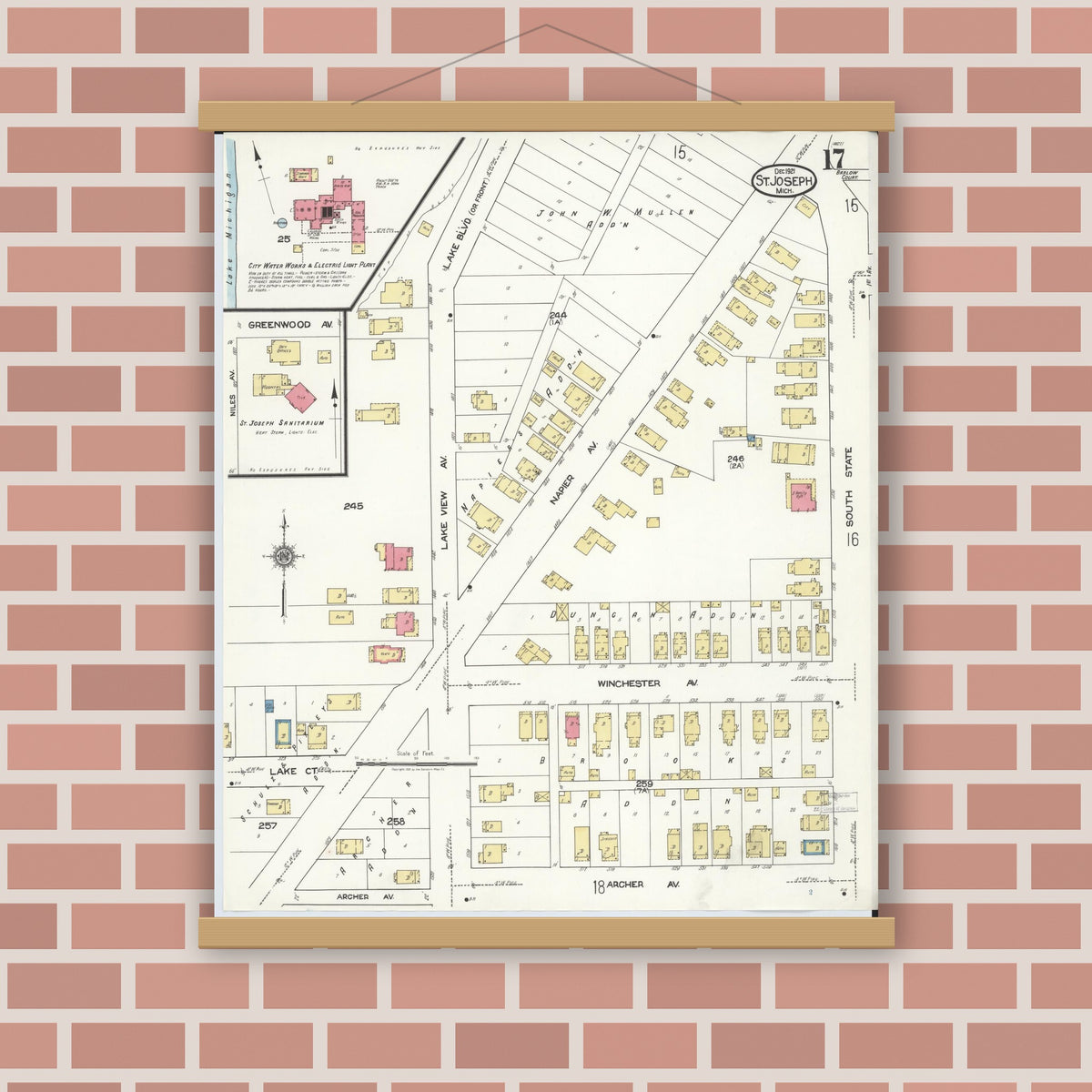 Old map wall art mockup — magnetic wood frame on brick wall — Sanborn Fire Insurance Map from Saint Joseph, Berrien County, Michigan (1921), Sheet #0017
