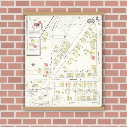 Old map wall art mockup — magnetic wood frame on brick wall — Sanborn Fire Insurance Map from Saint Joseph, Berrien County, Michigan (1921), Sheet #0017