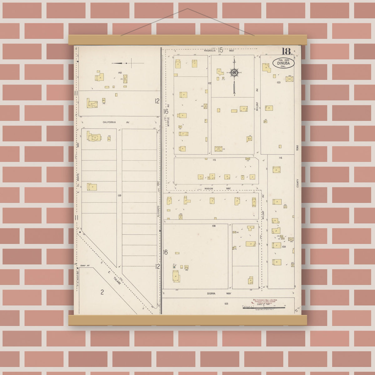 Old map wall art mockup — magnetic wood frame on brick wall — Sanborn Fire Insurance Map from Dinuba, Tulare County, California (1920), Sheet #0018