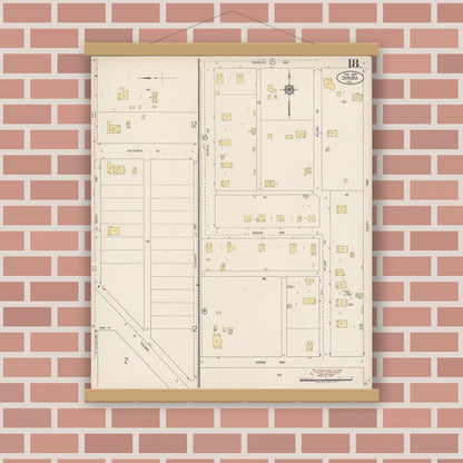 Old map wall art mockup — magnetic wood frame on brick wall — Sanborn Fire Insurance Map from Dinuba, Tulare County, California (1920), Sheet #0018