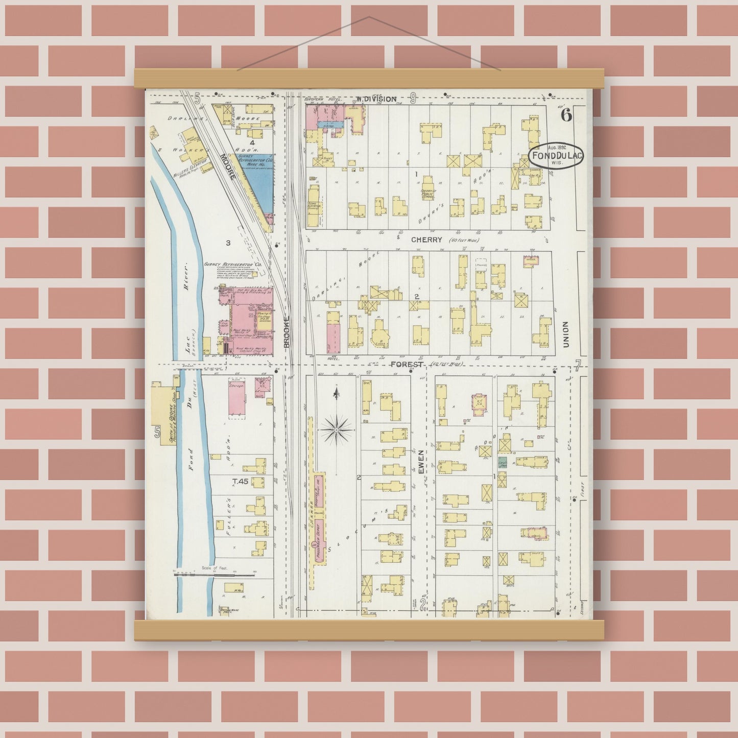 Old map wall art mockup — magnetic wood frame on brick wall — Sanborn Fire Insurance Map from Fond du Lac, Fond du Lac County, Wisconsin (1892), Sheet #0006