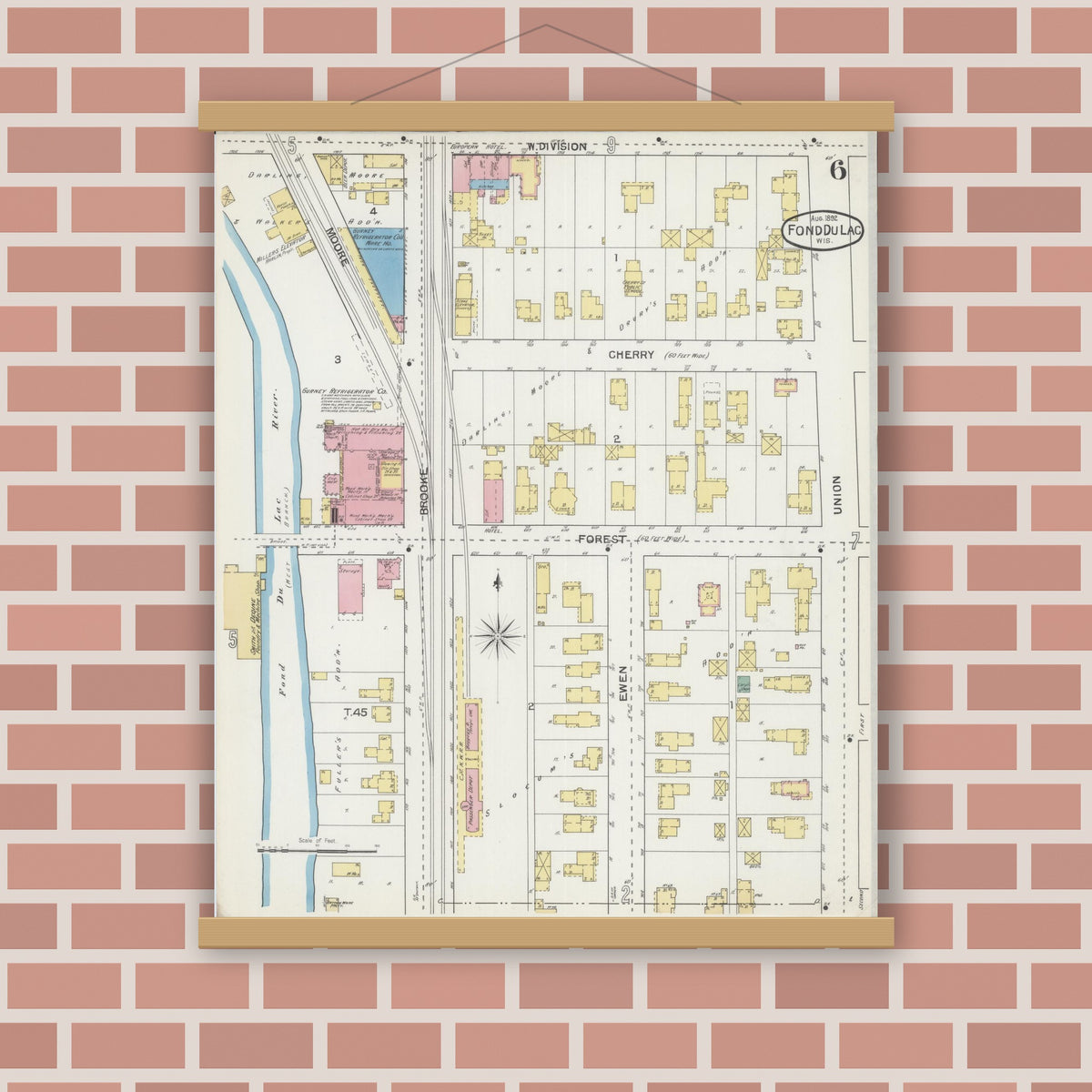 Old map wall art mockup — magnetic wood frame on brick wall — Sanborn Fire Insurance Map from Fond du Lac, Fond du Lac County, Wisconsin (1892), Sheet #0006