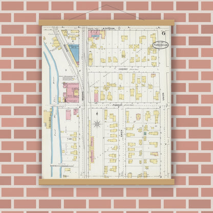 Old map wall art mockup — magnetic wood frame on brick wall — Sanborn Fire Insurance Map from Fond du Lac, Fond du Lac County, Wisconsin (1892), Sheet #0006
