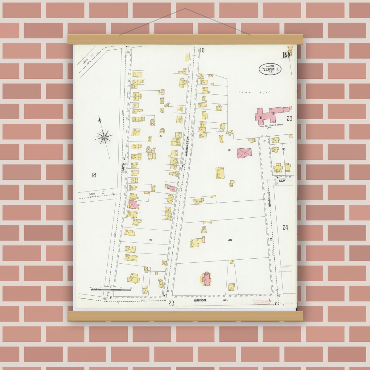 Old map wall art mockup — magnetic wood frame on brick wall — Sanborn Fire Insurance Map from Peekskill, Westchester County, New York (1900), Sheet #0019