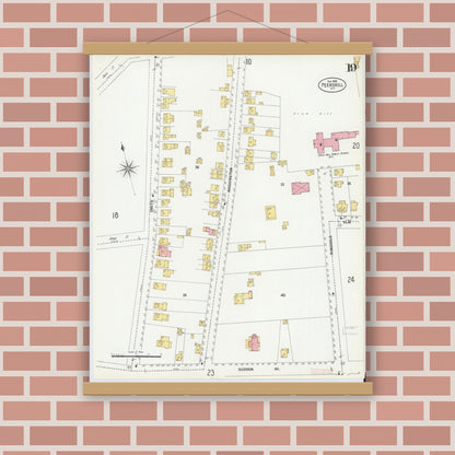 Old map wall art mockup — magnetic wood frame on brick wall — Sanborn Fire Insurance Map from Peekskill, Westchester County, New York (1900), Sheet #0019