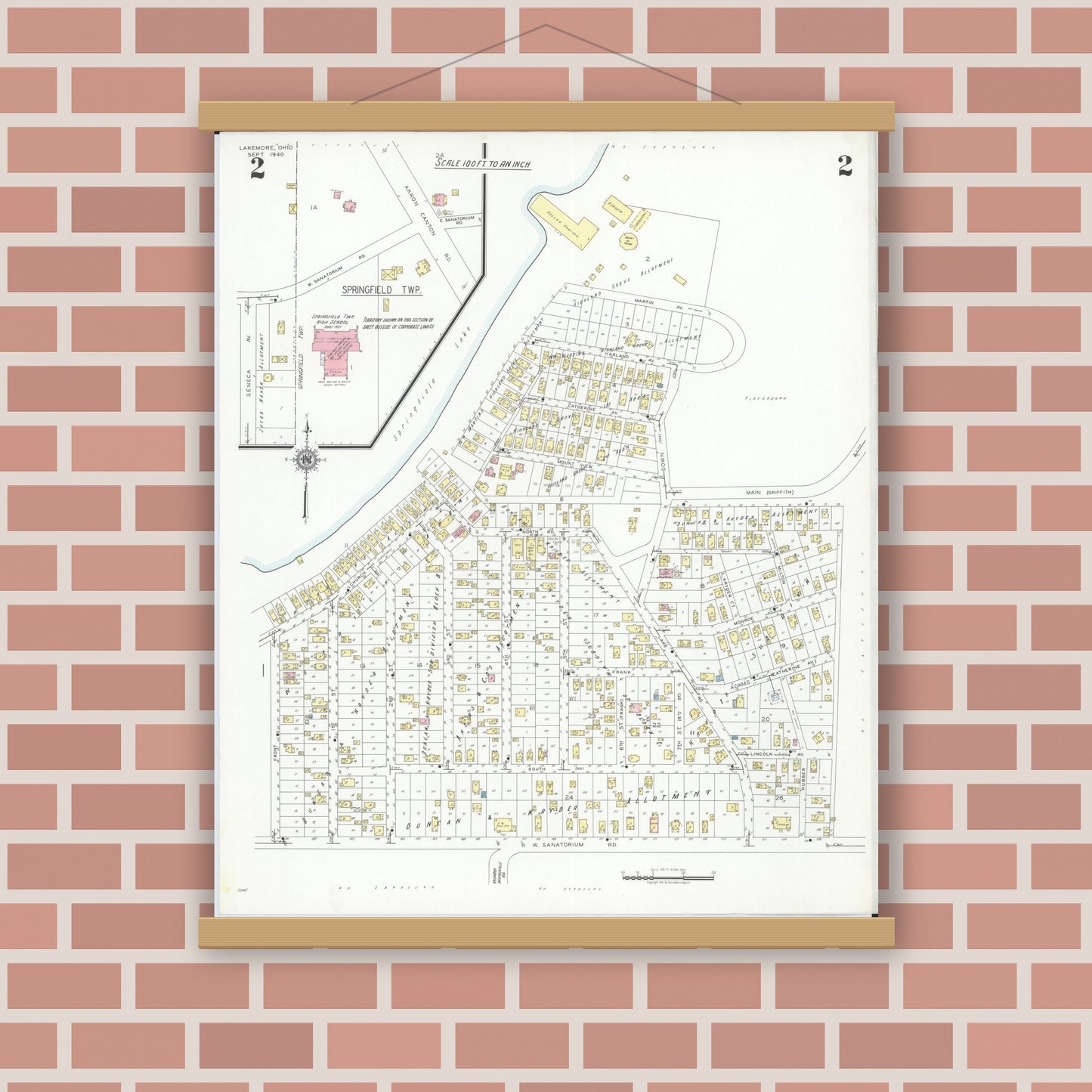 Old map wall art mockup — magnetic wood frame on brick wall — Sanborn Fire Insurance Map from Lakemore, Summit County, Ohio (1940), Sheet #0002