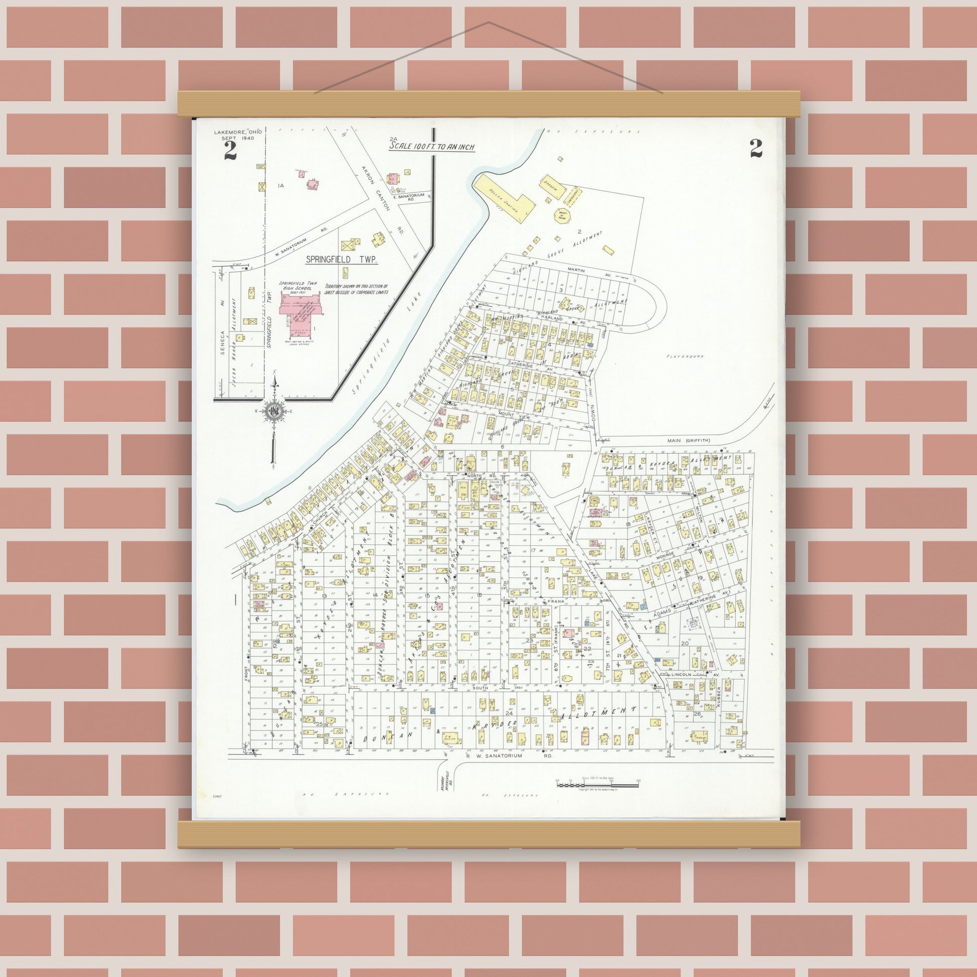 Old map wall art mockup — magnetic wood frame on brick wall — Sanborn Fire Insurance Map from Lakemore, Summit County, Ohio (1940), Sheet #0002