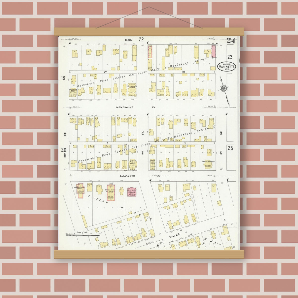 Old map wall art mockup — magnetic wood frame on brick wall — Sanborn Fire Insurance Map from Marinette, Marinette County, Wisconsin (1910), Sheet #0024