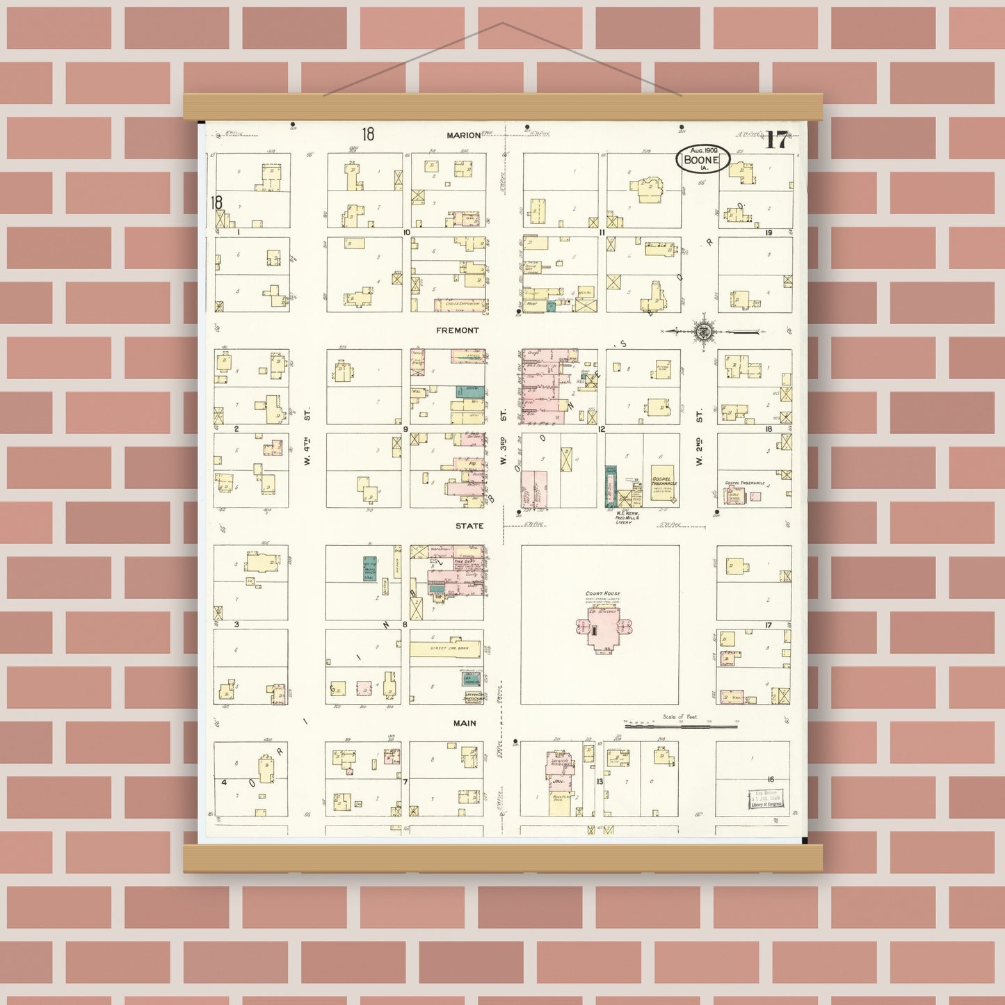 Old map wall art mockup — magnetic wood frame on brick wall — Sanborn Fire Insurance Map from Boone, Boone County, Iowa (1909), Sheet #0017