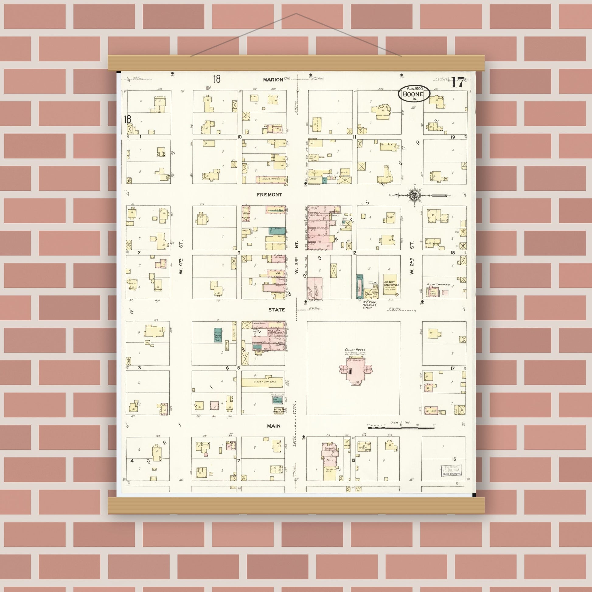Old map wall art mockup — magnetic wood frame on brick wall — Sanborn Fire Insurance Map from Boone, Boone County, Iowa (1909), Sheet #0017