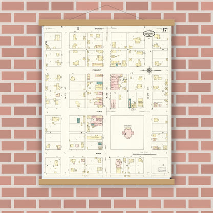 Old map wall art mockup — magnetic wood frame on brick wall — Sanborn Fire Insurance Map from Boone, Boone County, Iowa (1909), Sheet #0017