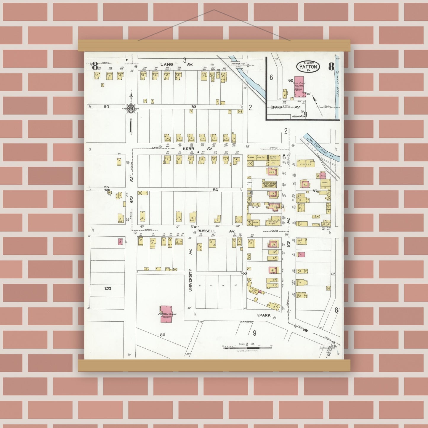 Old map wall art mockup — magnetic wood frame on brick wall — Sanborn Fire Insurance Map from Patton, Cambria County, Pennsylvania (1923), Sheet #0008