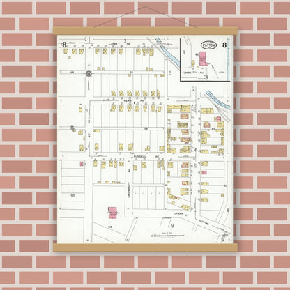 Old map wall art mockup — magnetic wood frame on brick wall — Sanborn Fire Insurance Map from Patton, Cambria County, Pennsylvania (1923), Sheet #0008