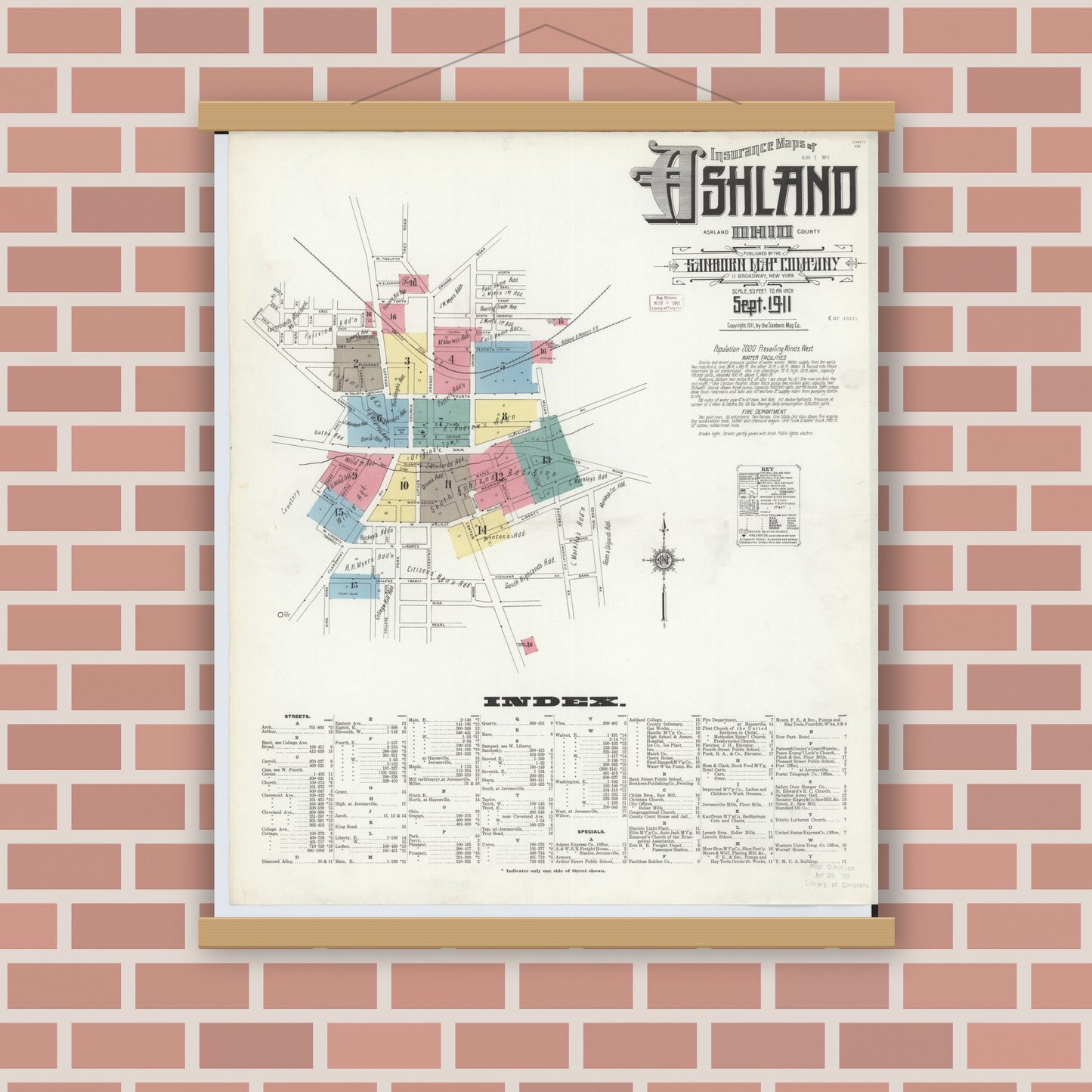 Old map wall art mockup — magnetic wood frame on brick wall — Sanborn Fire Insurance Map from Ashland, Ashland County, Ohio (1911) - Complete Map Set