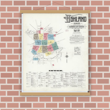 Old map wall art mockup — magnetic wood frame on brick wall — Sanborn Fire Insurance Map from Ashland, Ashland County, Ohio (1911) - Complete Map Set