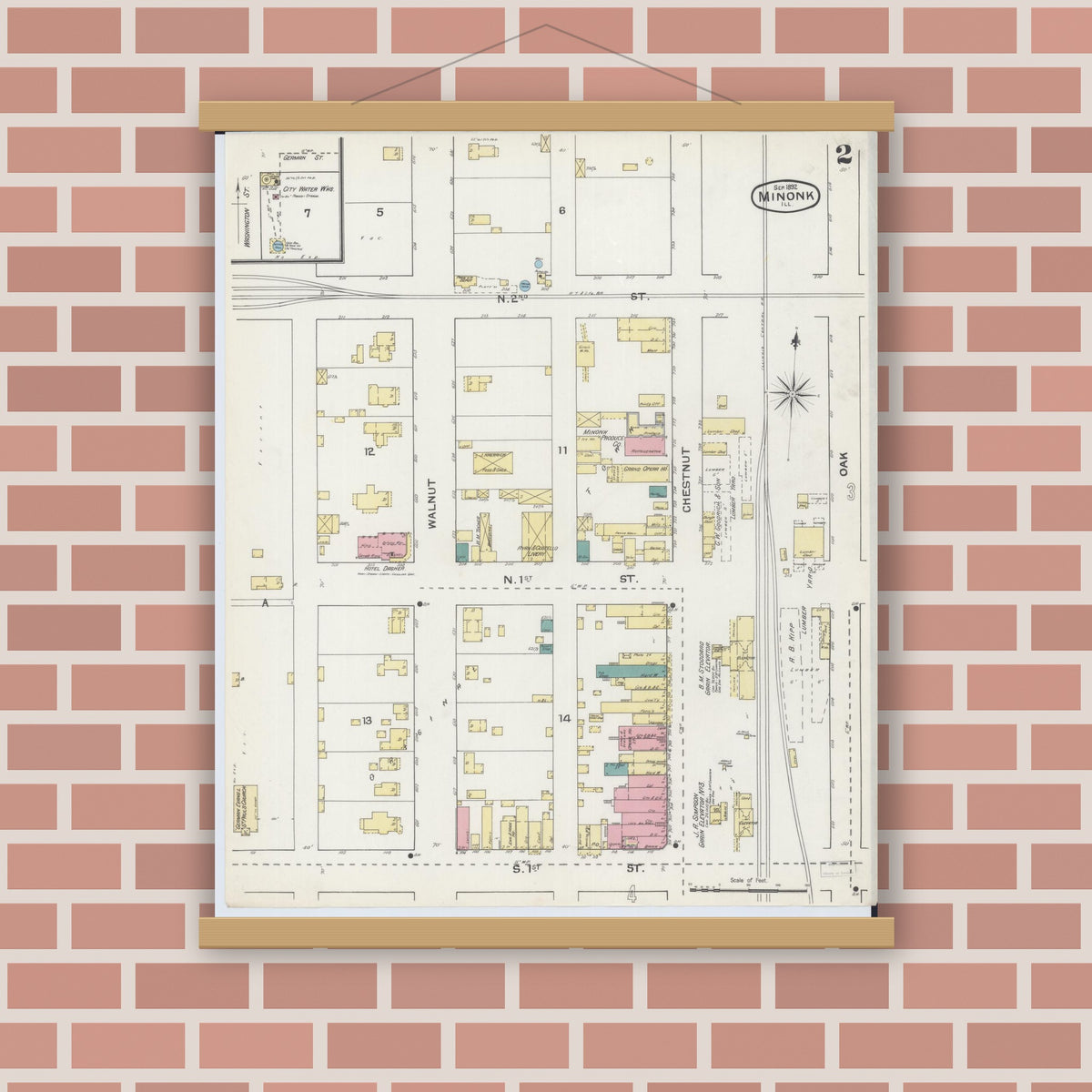 Old map wall art mockup — magnetic wood frame on brick wall — Sanborn Fire Insurance Map from Minonk, Woodford County, Illinois (1892), Sheet #0002
