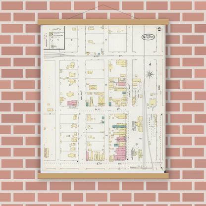 Old map wall art mockup — magnetic wood frame on brick wall — Sanborn Fire Insurance Map from Minonk, Woodford County, Illinois (1892), Sheet #0002