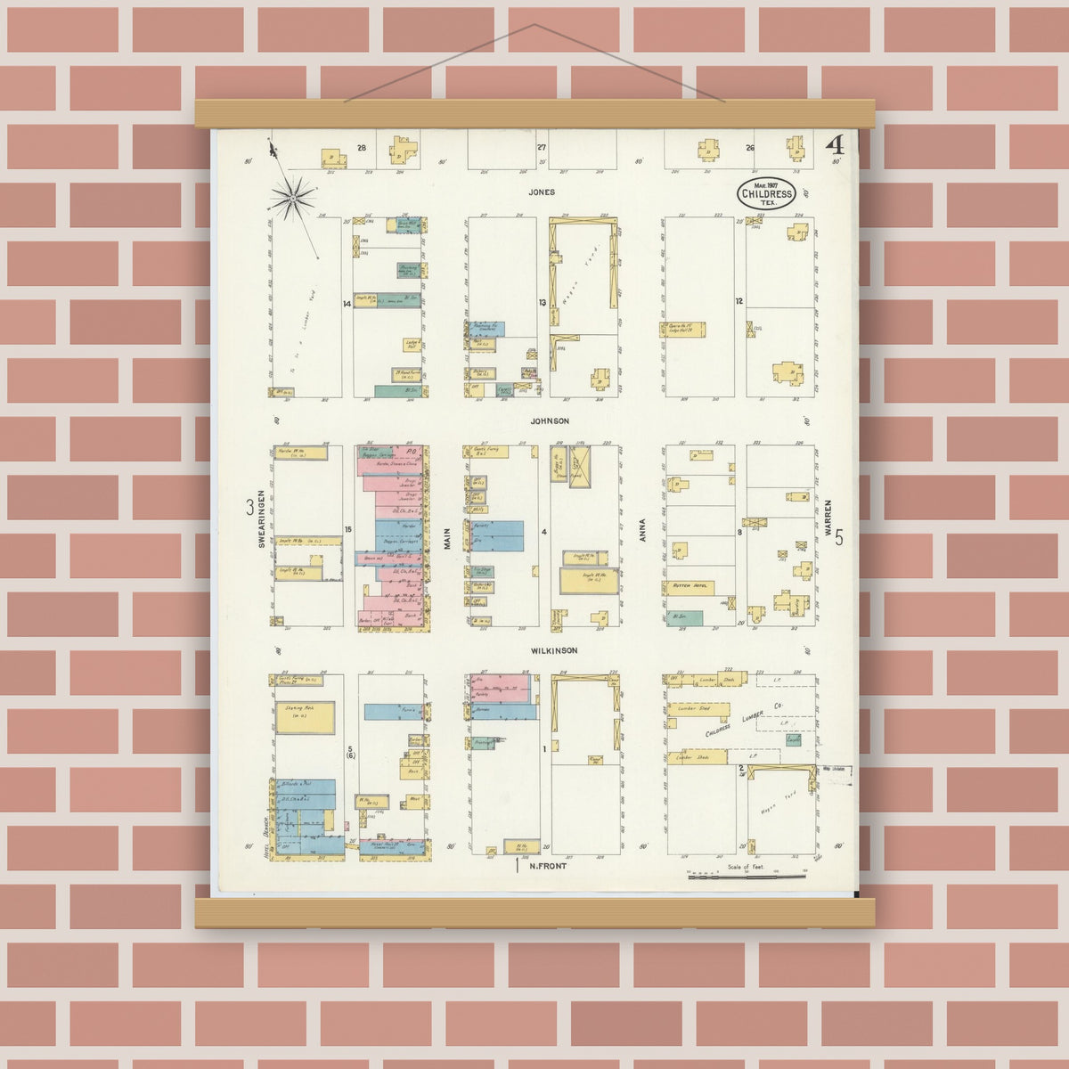 Old map wall art mockup — magnetic wood frame on brick wall — Sanborn Fire Insurance Map from Childress, Childress County, Texas (1907), Sheet #0004