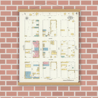Old map wall art mockup — magnetic wood frame on brick wall — Sanborn Fire Insurance Map from Childress, Childress County, Texas (1907), Sheet #0004