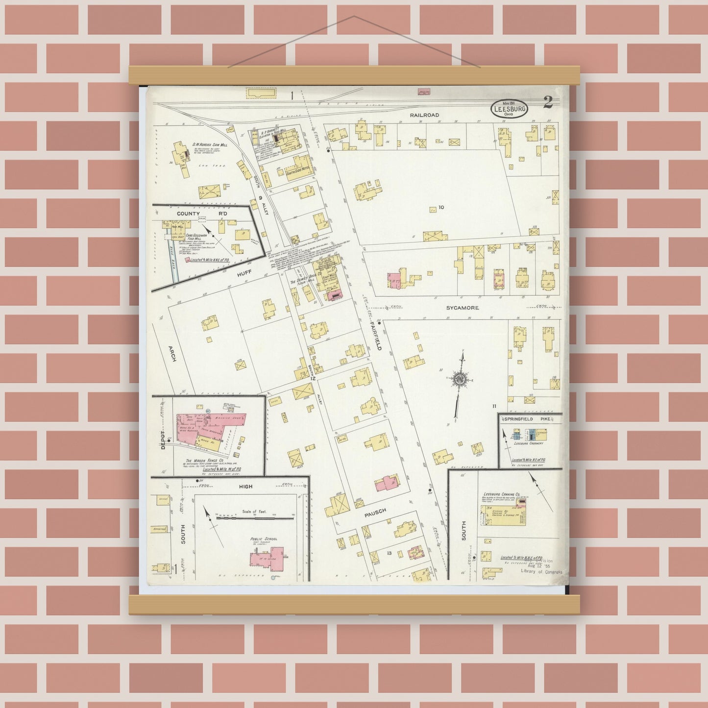 Old map wall art mockup — magnetic wood frame on brick wall — Sanborn Fire Insurance Map from Leesburg, Highland County, Ohio (1911), Sheet #0002