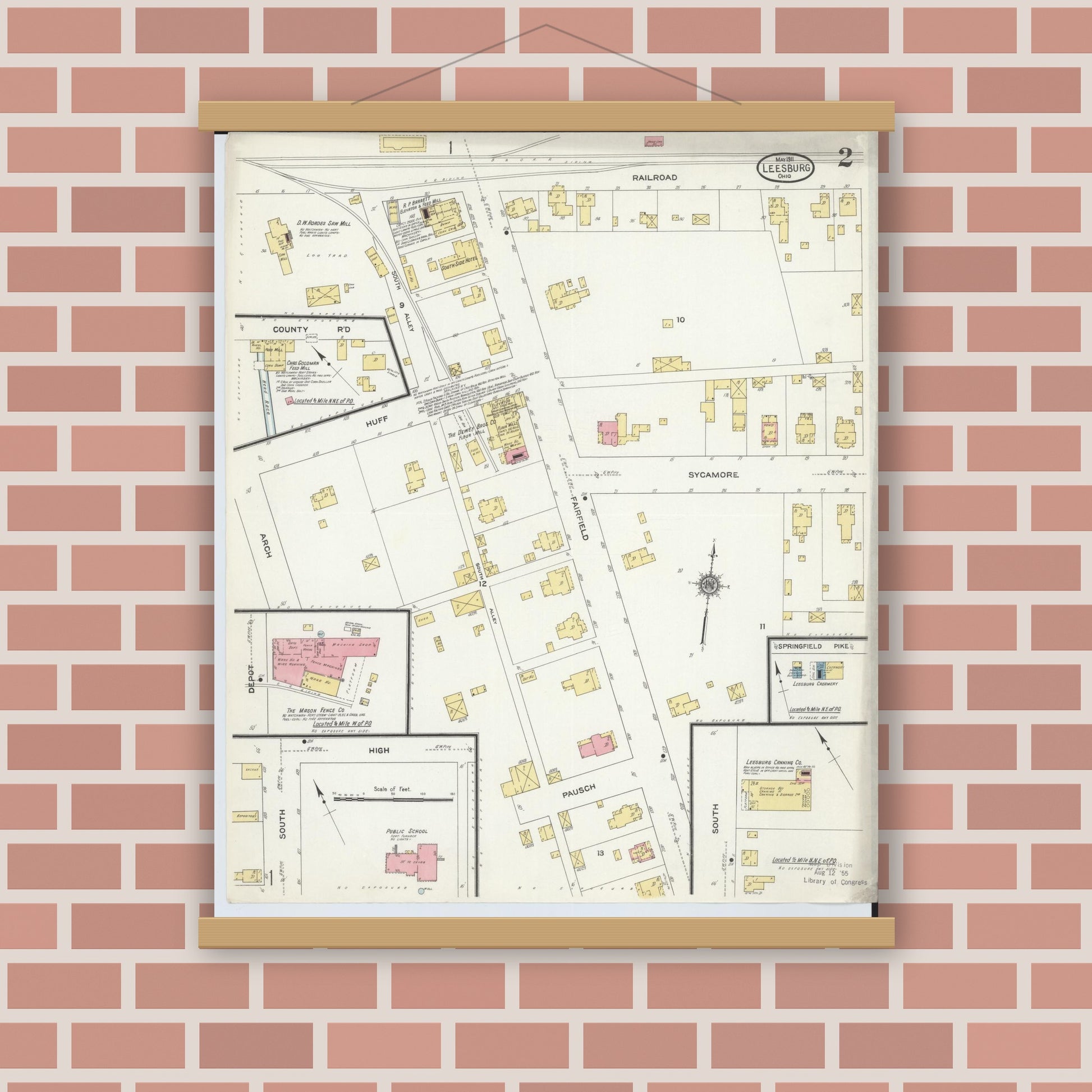 Old map wall art mockup — magnetic wood frame on brick wall — Sanborn Fire Insurance Map from Leesburg, Highland County, Ohio (1911), Sheet #0002