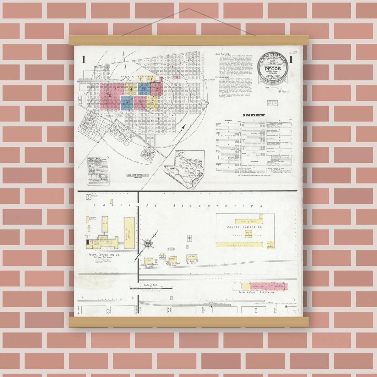 Old map wall art mockup — magnetic wood frame on brick wall — Sanborn Fire Insurance Map from Pecos, Reeves County, Texas (1927) - Complete Map Set