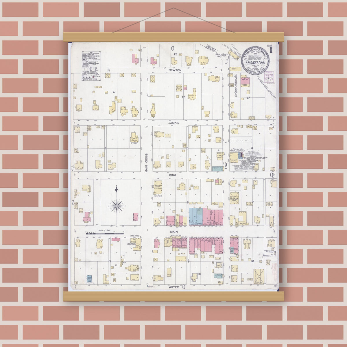 Old map wall art mockup — magnetic wood frame on brick wall — Sanborn Fire Insurance Map from Frankford, Pike County, Missouri (1902) - Complete Map Set