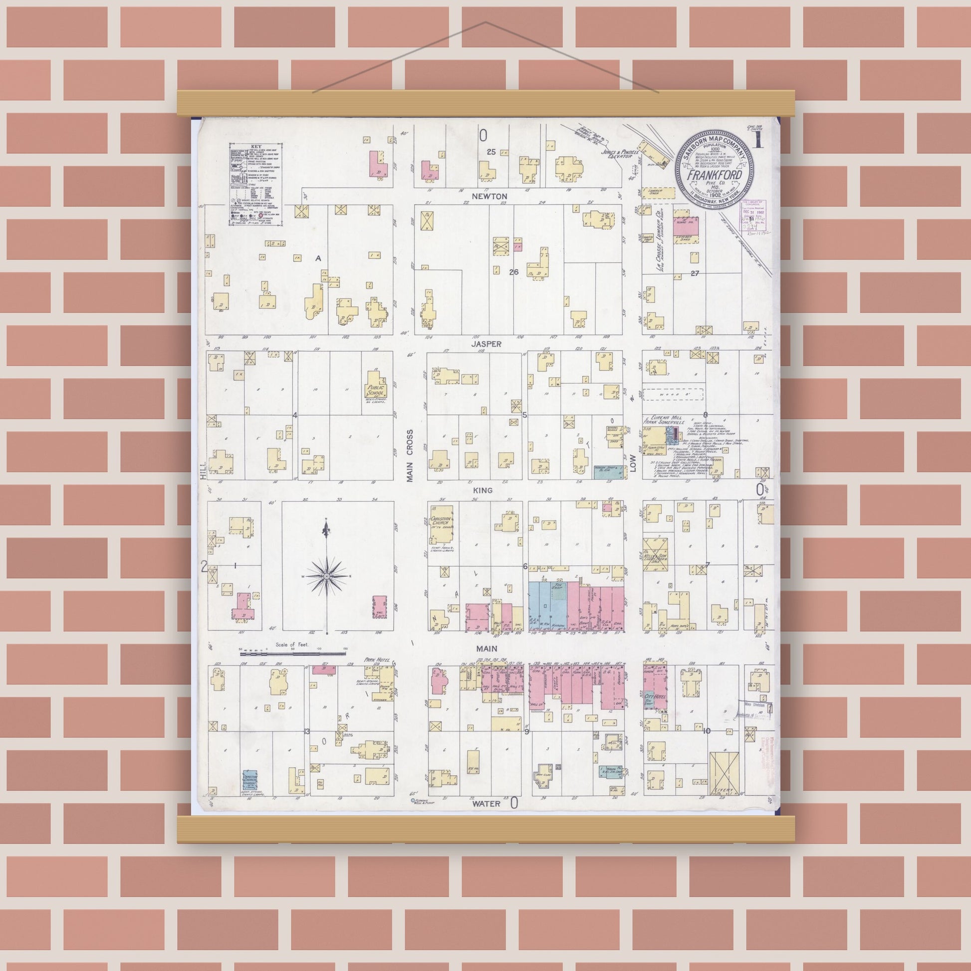 Old map wall art mockup — magnetic wood frame on brick wall — Sanborn Fire Insurance Map from Frankford, Pike County, Missouri (1902) - Complete Map Set