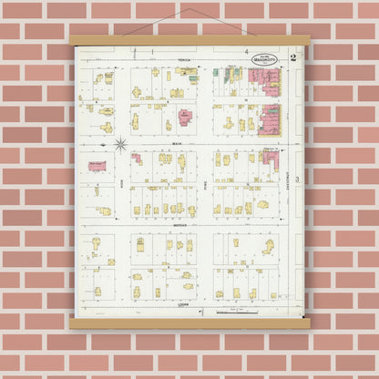 Old map wall art mockup — magnetic wood frame on brick wall — Sanborn Fire Insurance Map from Mason City, Mason County, Illinois (1899), Sheet #0002