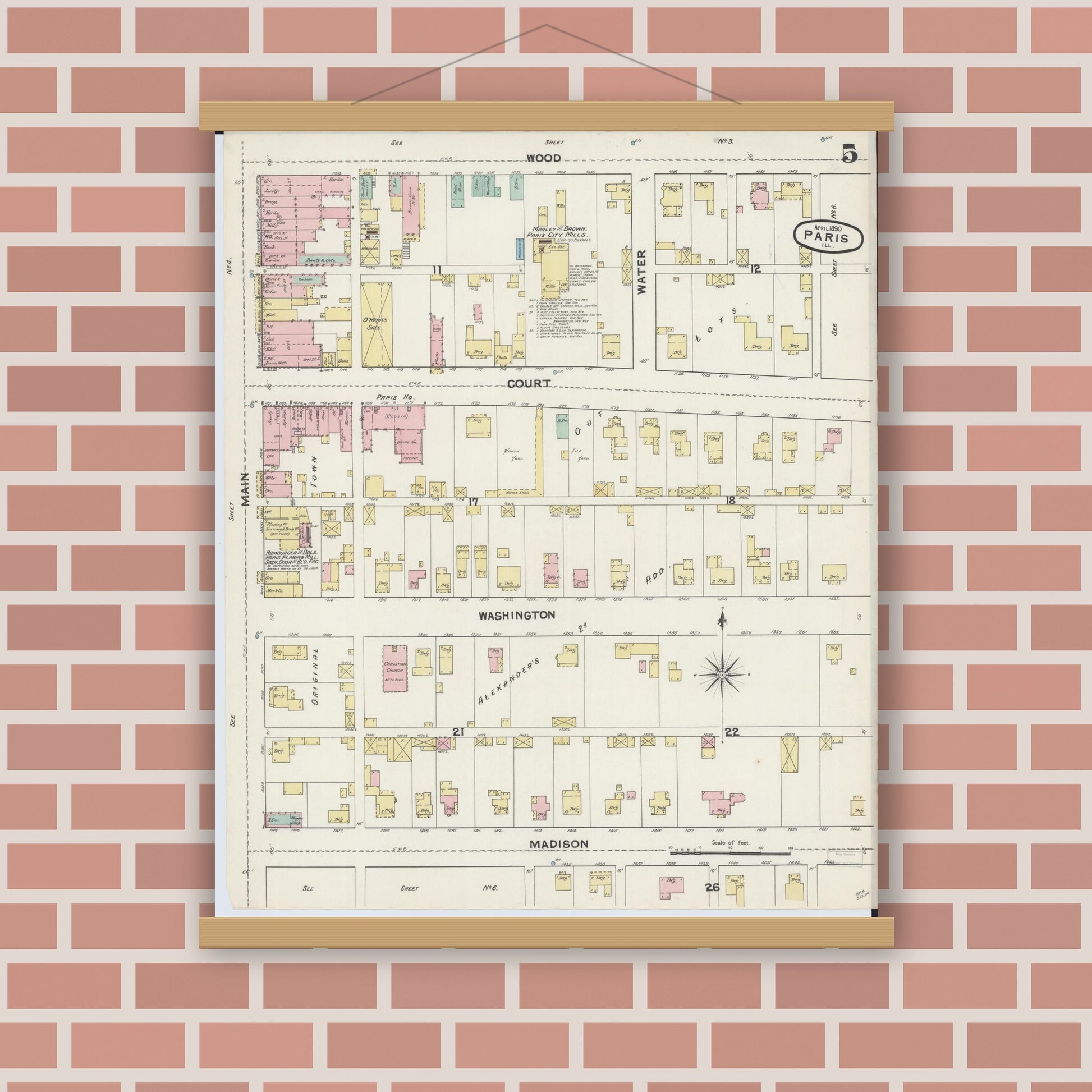Old map wall art mockup — magnetic wood frame on brick wall — Sanborn Fire Insurance Map from Paris, Edgar County, Illinois (1890), Sheet #0005