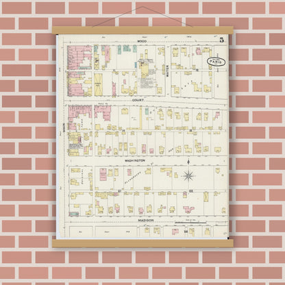 Old map wall art mockup — magnetic wood frame on brick wall — Sanborn Fire Insurance Map from Paris, Edgar County, Illinois (1890), Sheet #0005