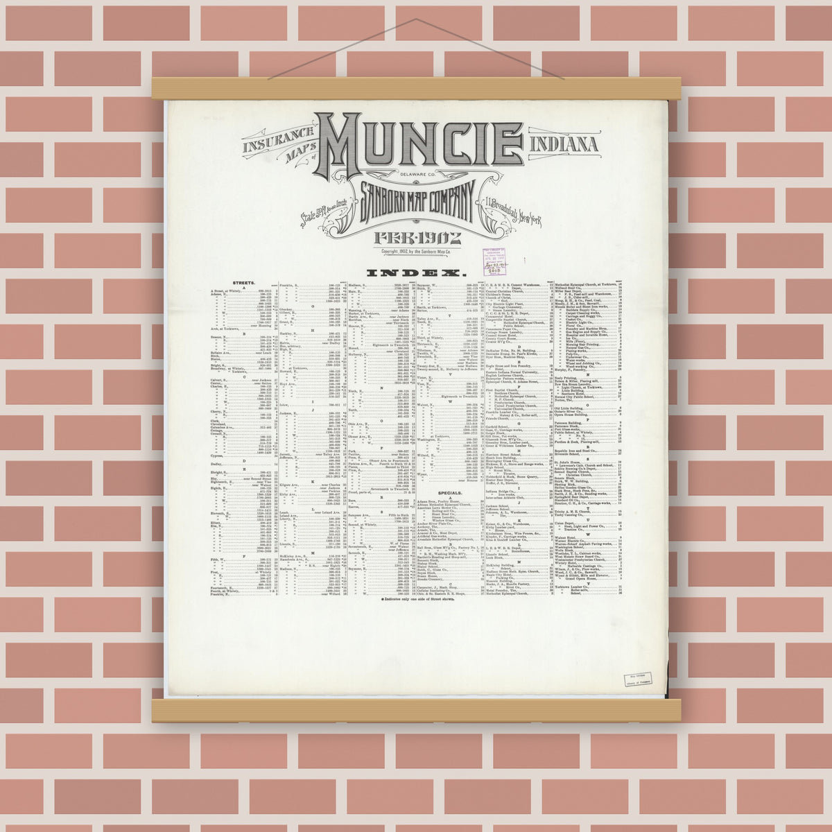 Old map wall art mockup — magnetic wood frame on brick wall — Sanborn Fire Insurance Map from Muncie, Delaware County, Indiana (1902), Sheet #0001