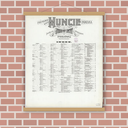 Old map wall art mockup — magnetic wood frame on brick wall — Sanborn Fire Insurance Map from Muncie, Delaware County, Indiana (1902), Sheet #0001