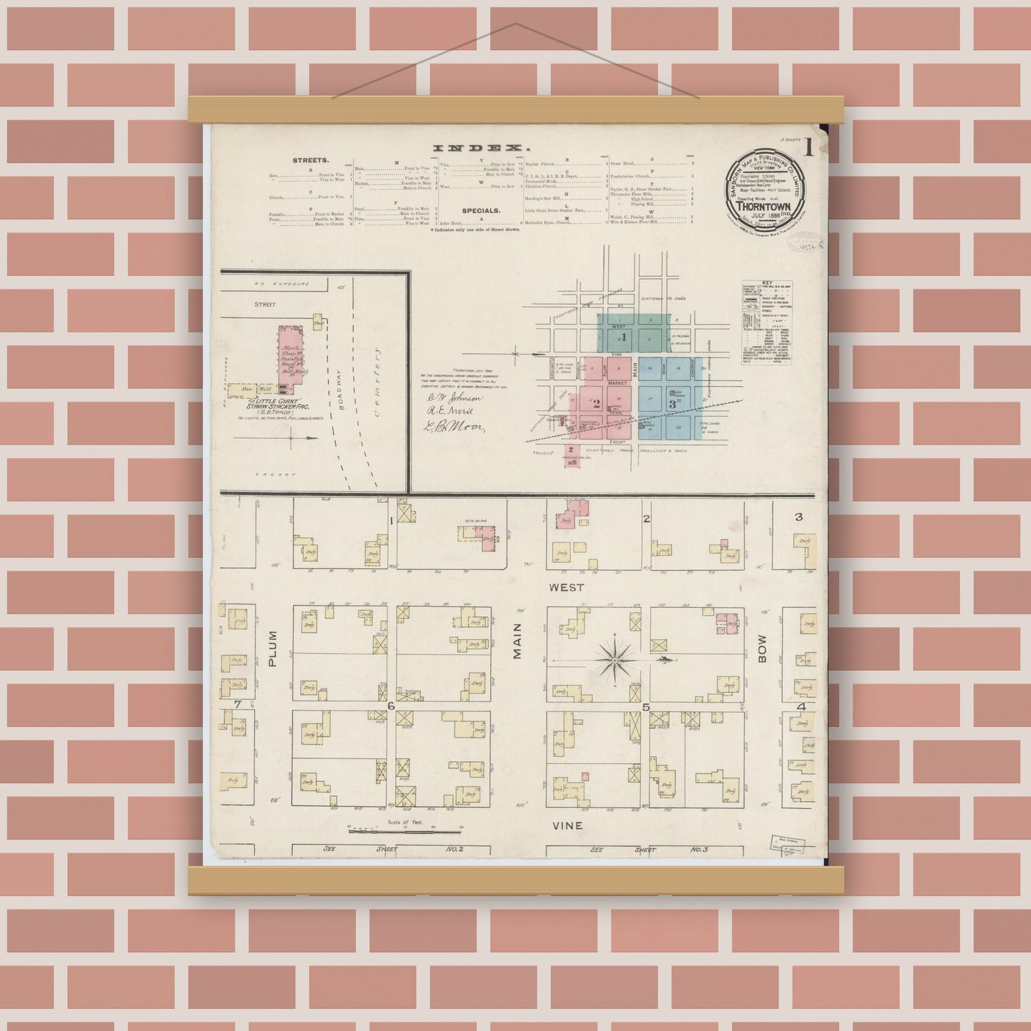 Old map wall art mockup — magnetic wood frame on brick wall — Sanborn Fire Insurance Map from Thorntown, Boone County, Indiana (1886) - Complete Map Set
