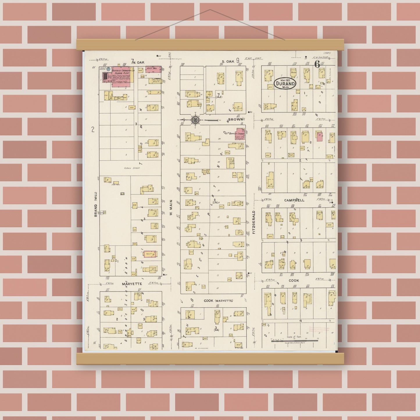 Old map wall art mockup — magnetic wood frame on brick wall — Sanborn Fire Insurance Map from Durand, Shiawassee County, Michigan (1922), Sheet #0006