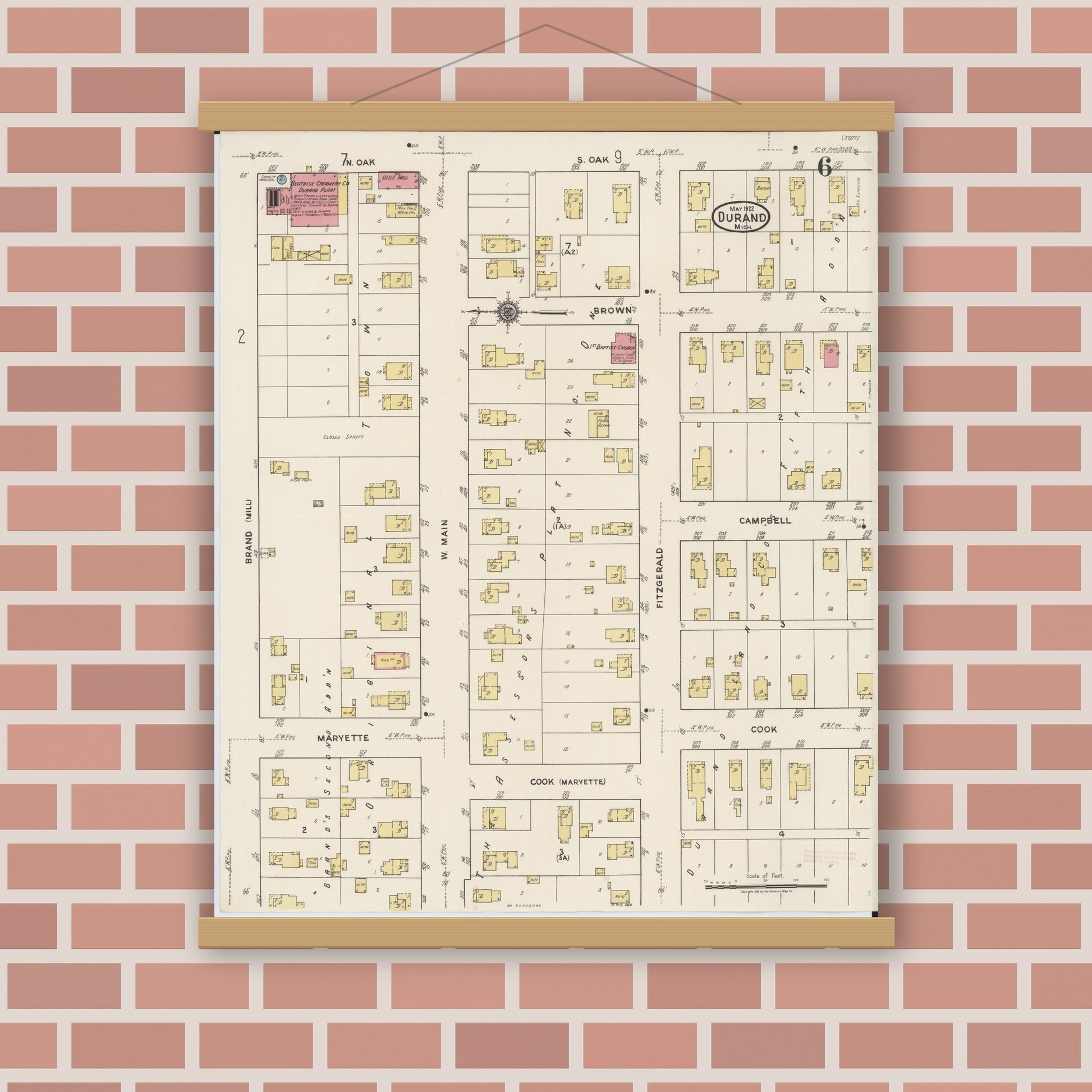 Old map wall art mockup — magnetic wood frame on brick wall — Sanborn Fire Insurance Map from Durand, Shiawassee County, Michigan (1922), Sheet #0006