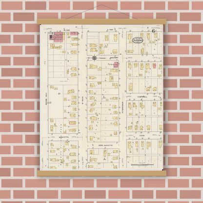 Old map wall art mockup — magnetic wood frame on brick wall — Sanborn Fire Insurance Map from Durand, Shiawassee County, Michigan (1922), Sheet #0006