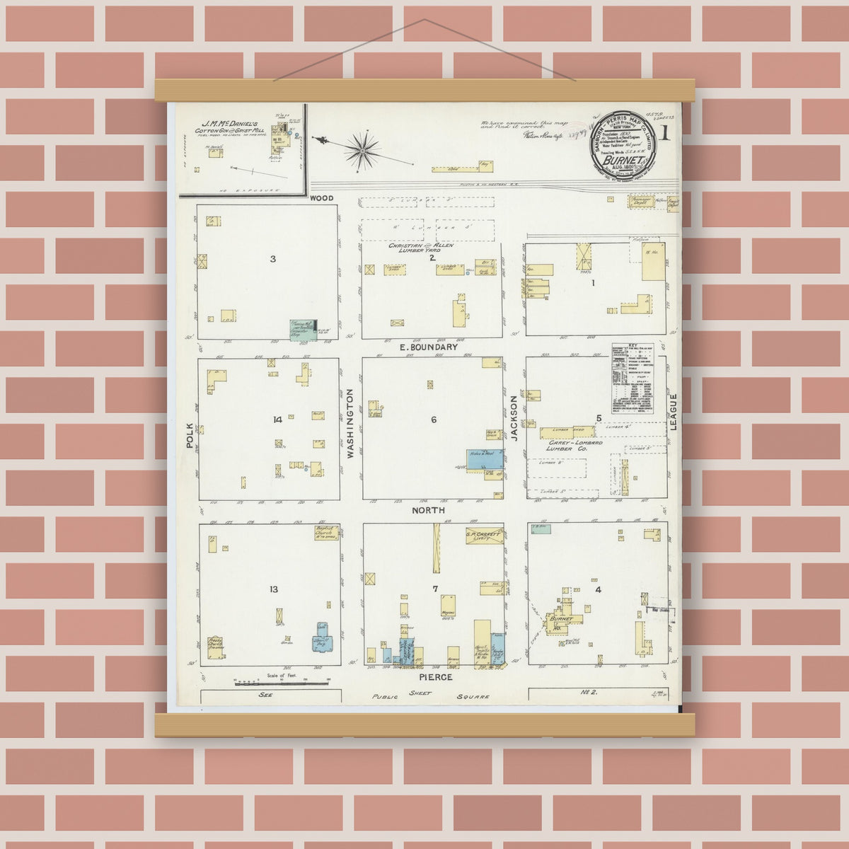 Old map wall art mockup — magnetic wood frame on brick wall — Sanborn Fire Insurance Map from Burnet, Burnet County, Texas (1891), Sheet #0001