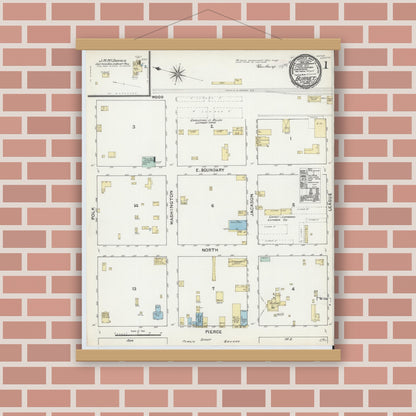 Old map wall art mockup — magnetic wood frame on brick wall — Sanborn Fire Insurance Map from Burnet, Burnet County, Texas (1891), Sheet #0001