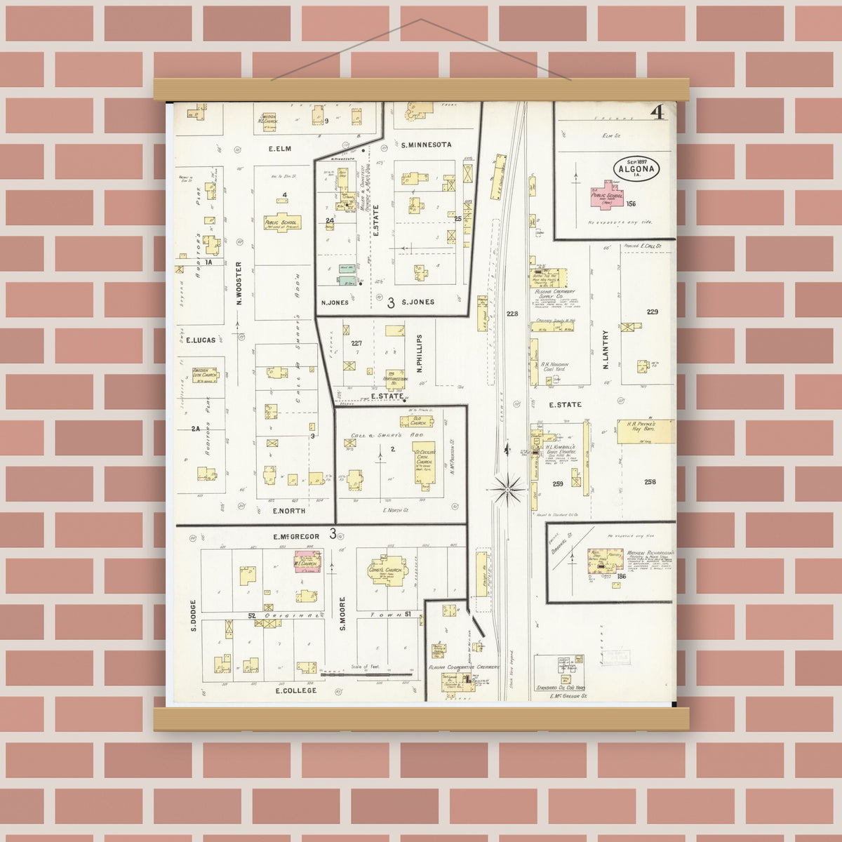 Old map wall art mockup — magnetic wood frame on brick wall — Sanborn Fire Insurance Map from Algona, Kossuth County, Iowa (1897), Sheet #0004