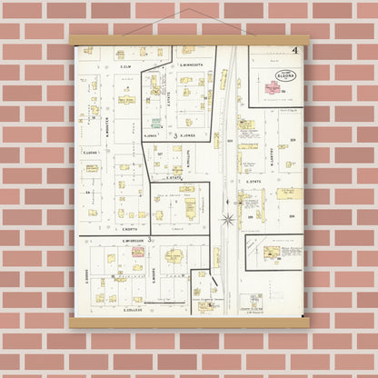 Old map wall art mockup — magnetic wood frame on brick wall — Sanborn Fire Insurance Map from Algona, Kossuth County, Iowa (1897), Sheet #0004