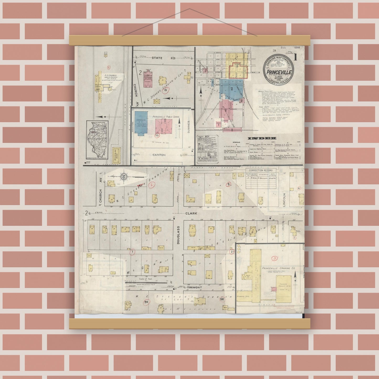 Old map wall art mockup — magnetic wood frame on brick wall — Sanborn Fire Insurance Map from Princeville, Peoria County, Illinois (1933), Sheet #0001