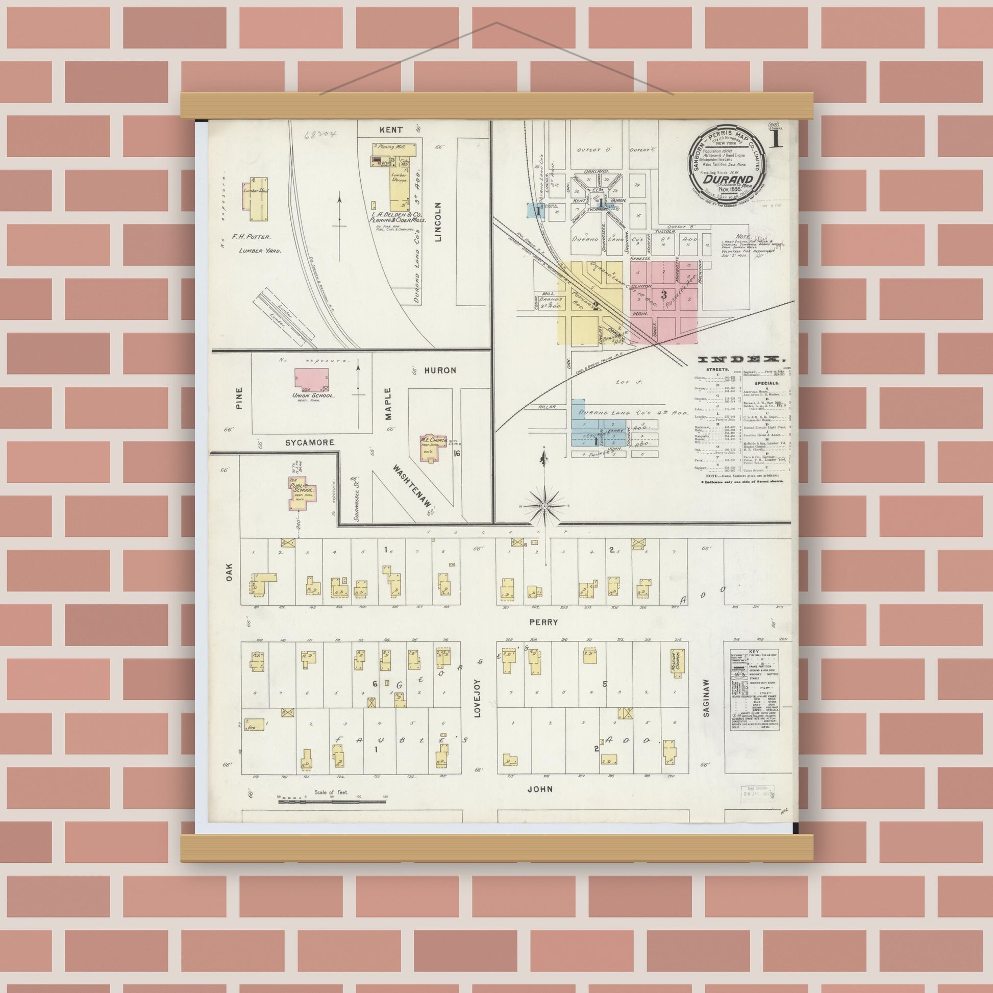 Old map wall art mockup — magnetic wood frame on brick wall — Sanborn Fire Insurance Map from Durand, Shiawassee County, Michigan (1896), Sheet #0001