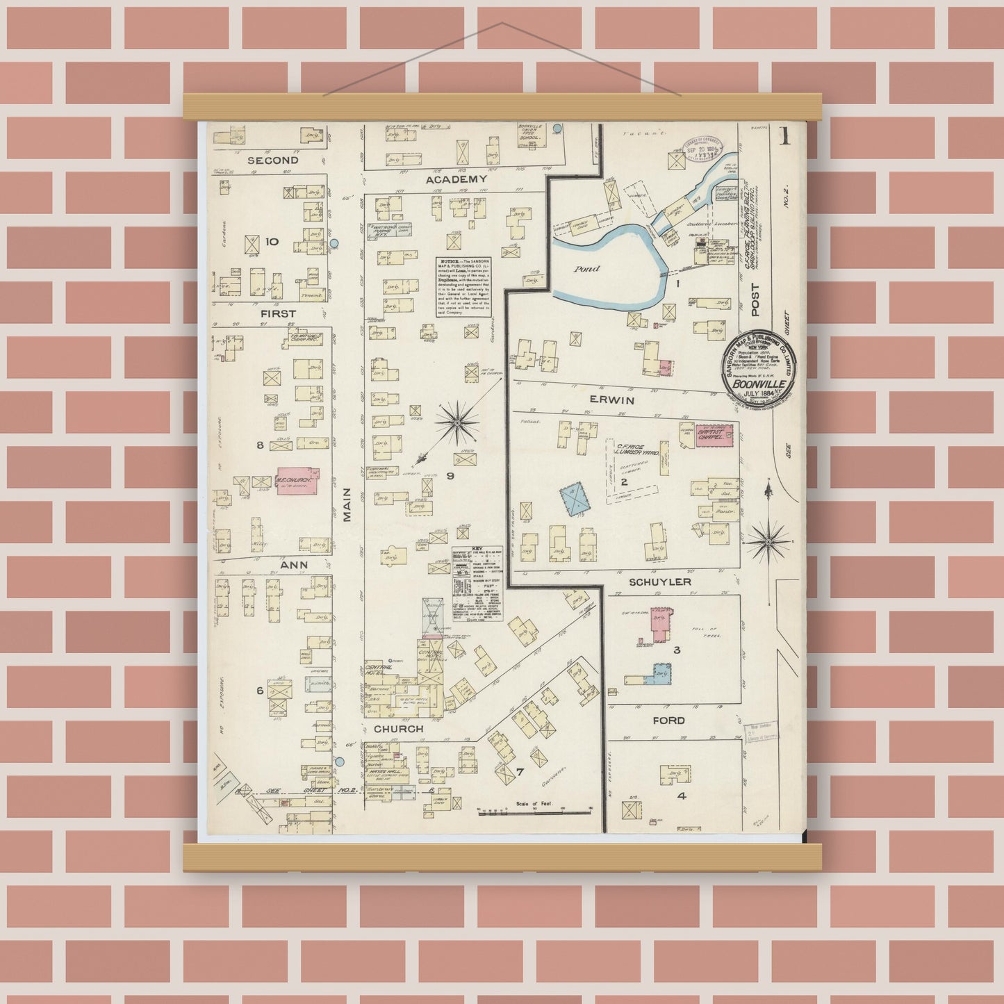 Old map wall art mockup — magnetic wood frame on brick wall — Sanborn Fire Insurance Map from Boonville, Oneida County, New York (1884), Sheet #0001