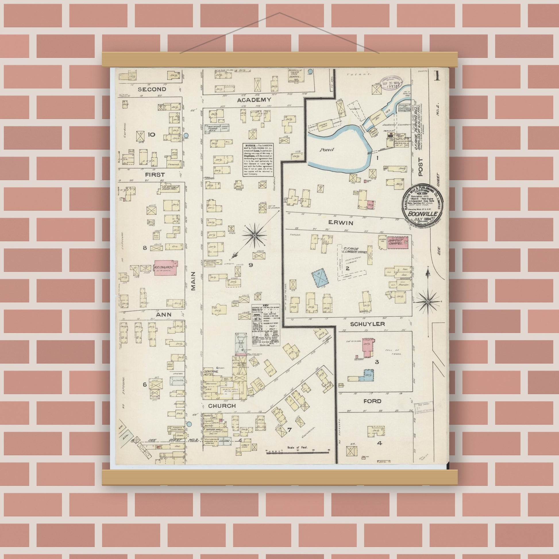 Old map wall art mockup — magnetic wood frame on brick wall — Sanborn Fire Insurance Map from Boonville, Oneida County, New York (1884), Sheet #0001