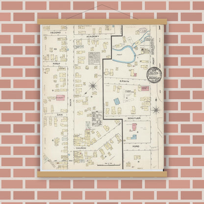 Old map wall art mockup — magnetic wood frame on brick wall — Sanborn Fire Insurance Map from Boonville, Oneida County, New York (1884), Sheet #0001