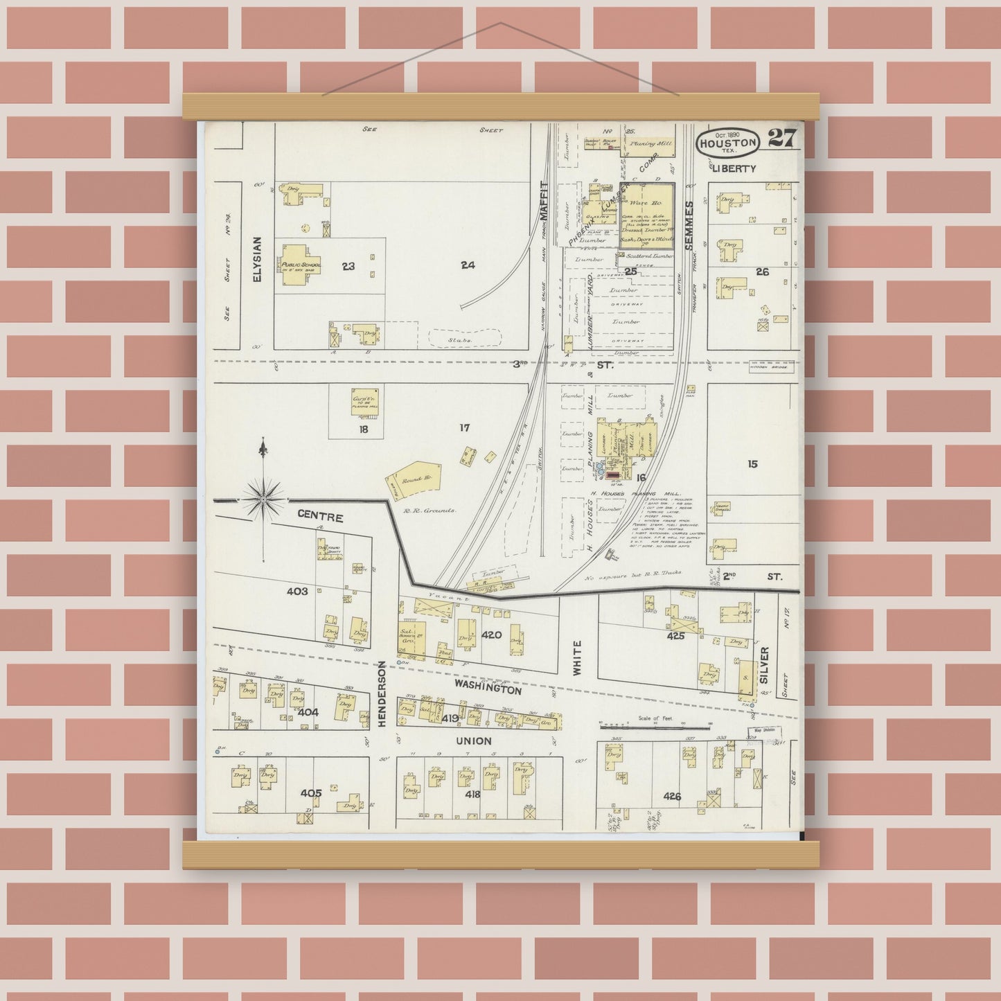 Old map wall art mockup — magnetic wood frame on brick wall — Sanborn Fire Insurance Map from Houston, Harris County, Texas (1890), Sheet #0027