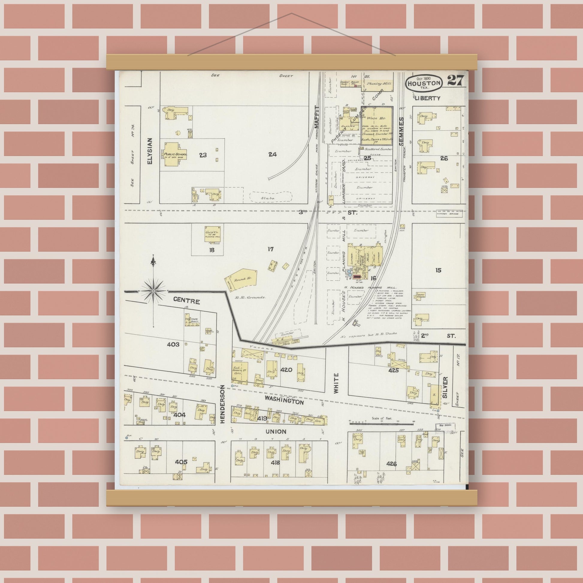Old map wall art mockup — magnetic wood frame on brick wall — Sanborn Fire Insurance Map from Houston, Harris County, Texas (1890), Sheet #0027