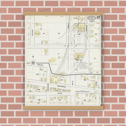 Old map wall art mockup — magnetic wood frame on brick wall — Sanborn Fire Insurance Map from Houston, Harris County, Texas (1890), Sheet #0027